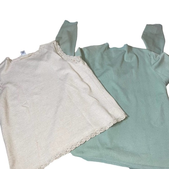 Pendelton top blouse cardigan set of 2 white sea foam green lace trim SZ LG - Picture 2 of 10